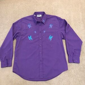 Las Olas Purple Embroidered Button Down Long Sleeve Shirt Womens XL Wearable Art